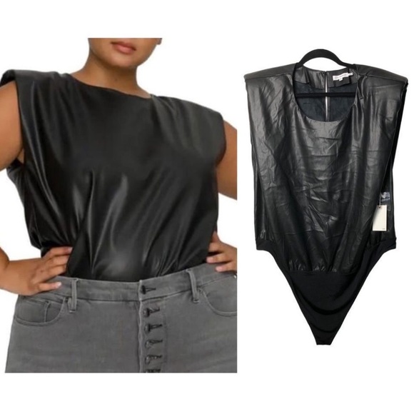 New GOOD AMERICAN l Black Faux Leather Strong Shoulder Bodysuit Tee 6 (3X) - Picture 3 of 8